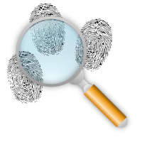 Photo of a magnifying glass with three fingerprints.